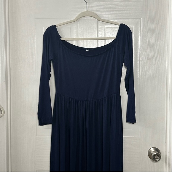 Stretchy Navy Off Shoulder Long Sleeve Maxi Dress Maternity Friendly Size L - Picture 2 of 10
